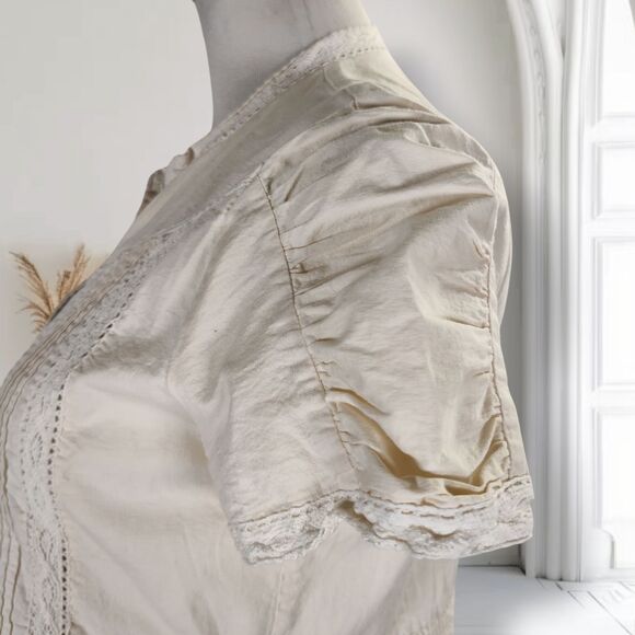 Naf Naf Ivory Cotton Top Size L Pintucks Crochet Lace Trim - Picture 9 of 14